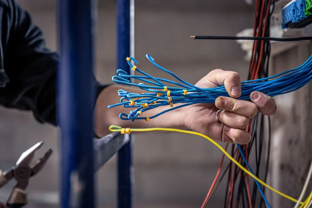 Electrician holding a bundle of labeled blue wires while wiring an electrical panel