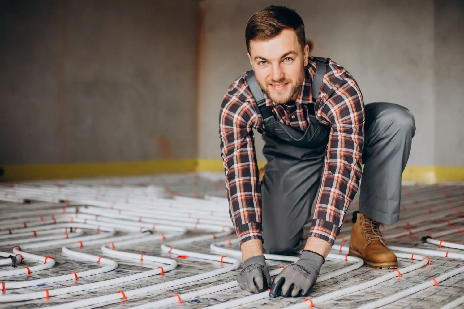 Installer kneeling on radiant in-floor heating tubing laid across a subfloor